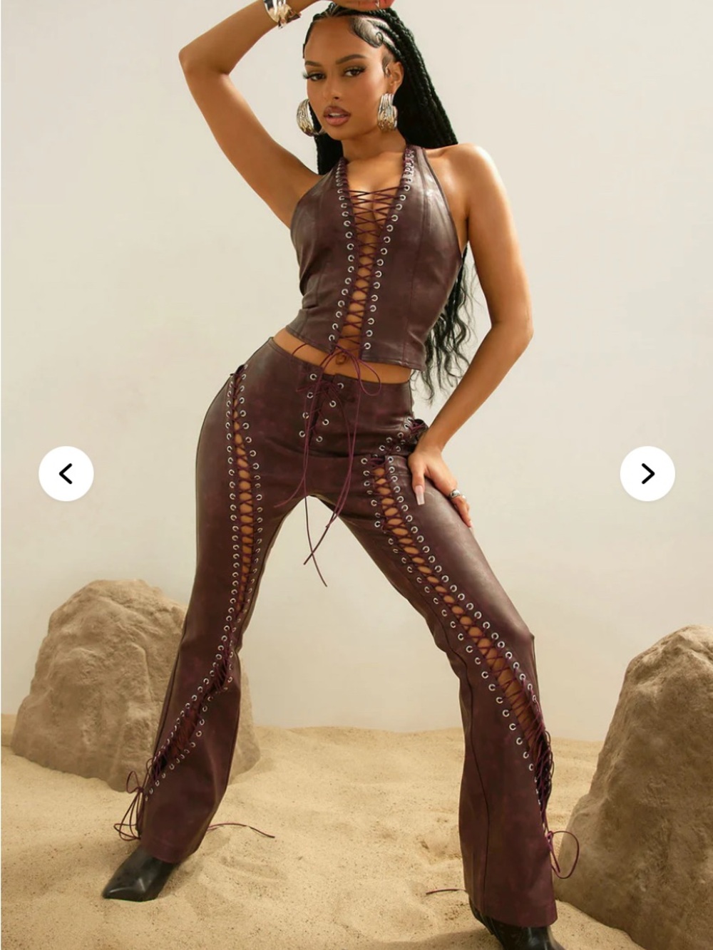 Fashion Nova Burgundy Lace-Up Faux Leather Flare Pants